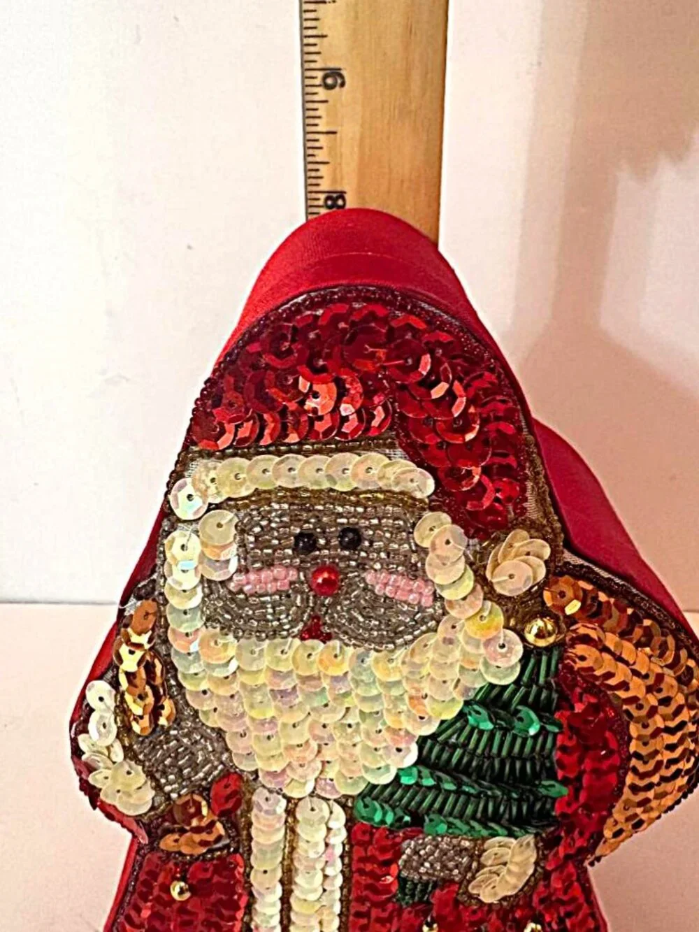 Vintage MCM Christmas Santa Sequin & Beaded Red Satin Gift Keepsake Trinket Box